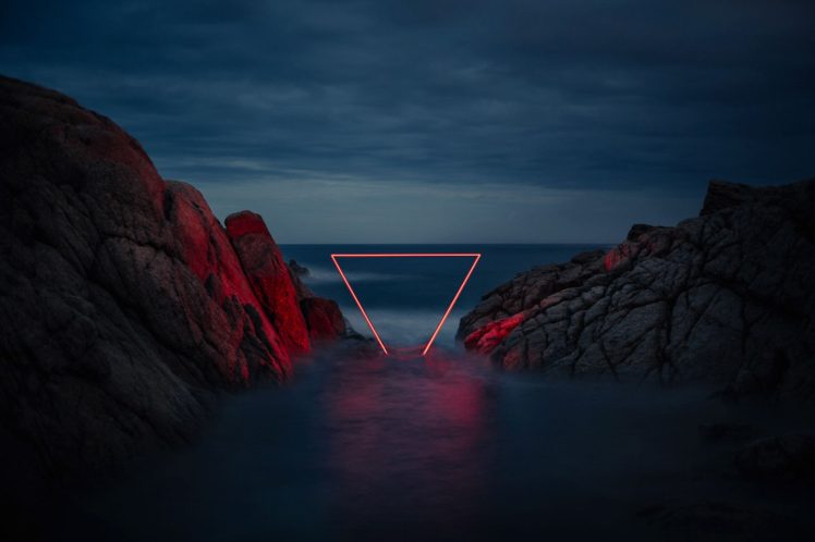 Nicolas Rivals, Nature, Landscape, Clouds, Evening, Rock, Neon lights, Triangle, Long exposure, Artwork, Sea, Horizon, Reflection, Red ligths, Geometry HD Wallpaper Desktop Background