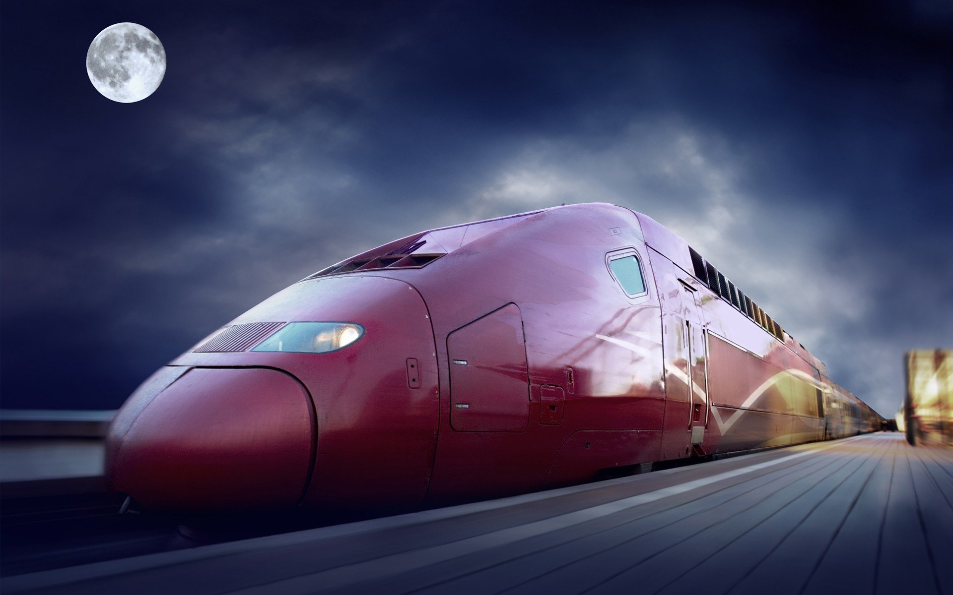 vehicle, Train, Railway, Moon, CGI, Clouds, Motion blur, Modern, TGV, France Wallpaper