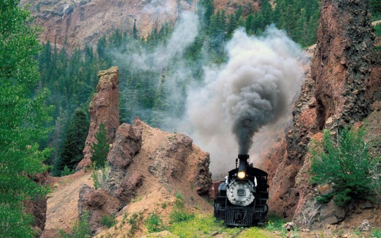 vehicle, Train, Railway, Steam locomotive, Nature, Trees, Forest, Rock, Mountains, Smoke HD Wallpaper Desktop Background
