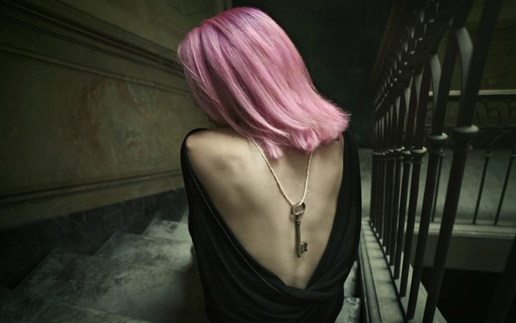 women, Stairs, Pink hair, Backless, Keys HD Wallpaper Desktop Background