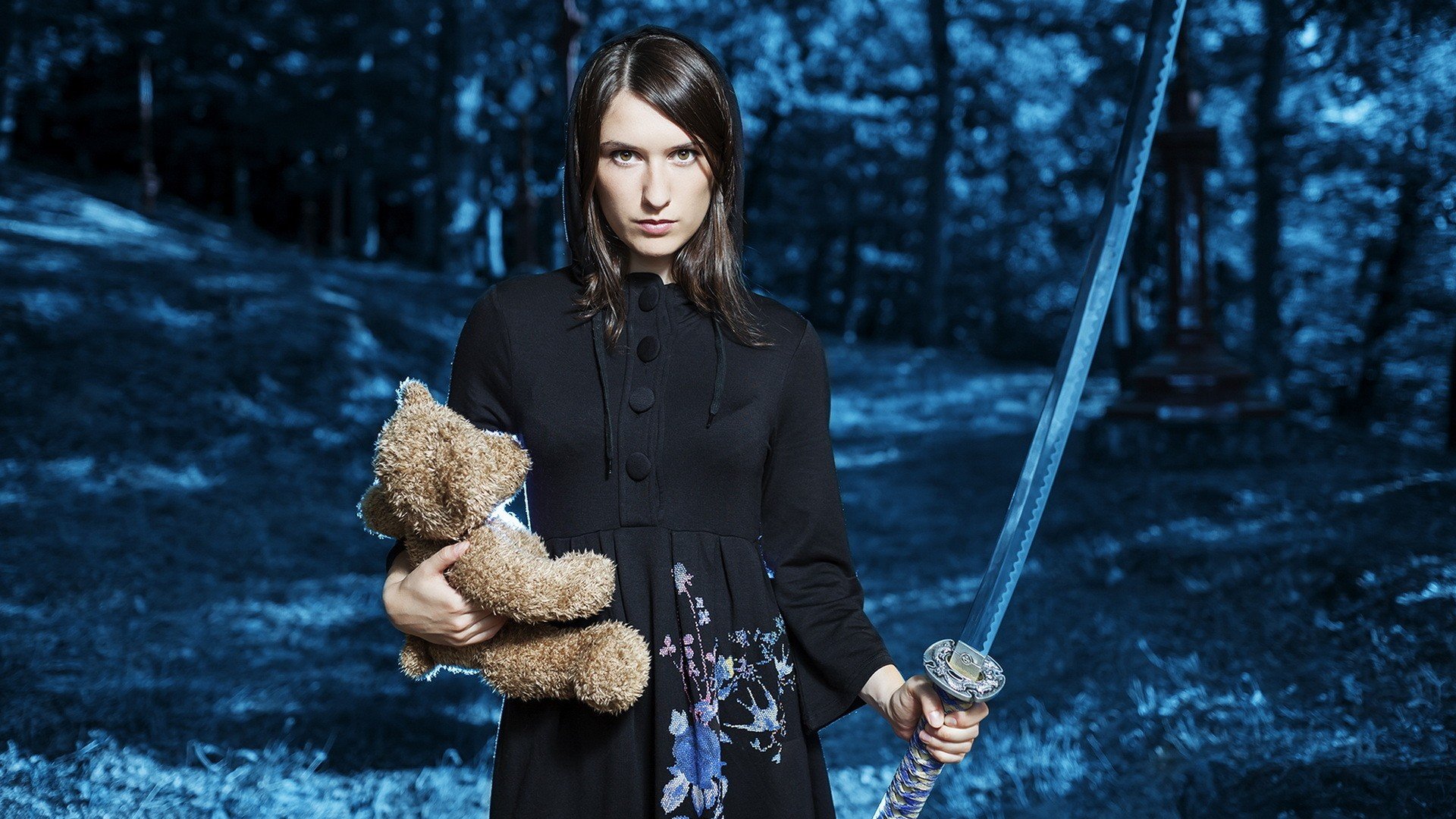 women, Teddy bears, Sword Wallpaper