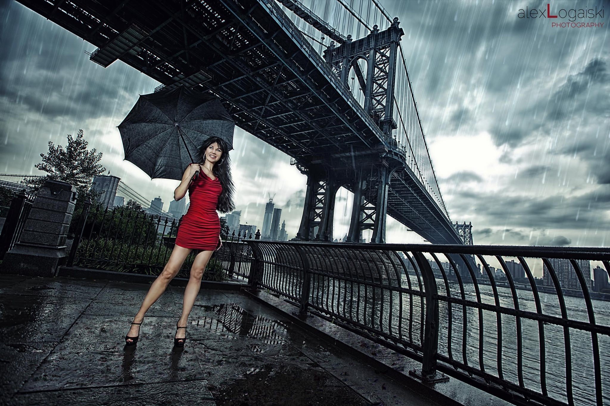 women, Model, Brunette, Red dress, High heels, Umbrella, Rain, Women outdoors, Manhattan Bridge Wallpaper