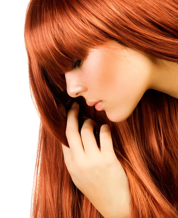 women, Model, Redhead, Long hair, Face, Airbrushed, Profile, White background, Hand, Smooth skin, Bangs HD Wallpaper Desktop Background
