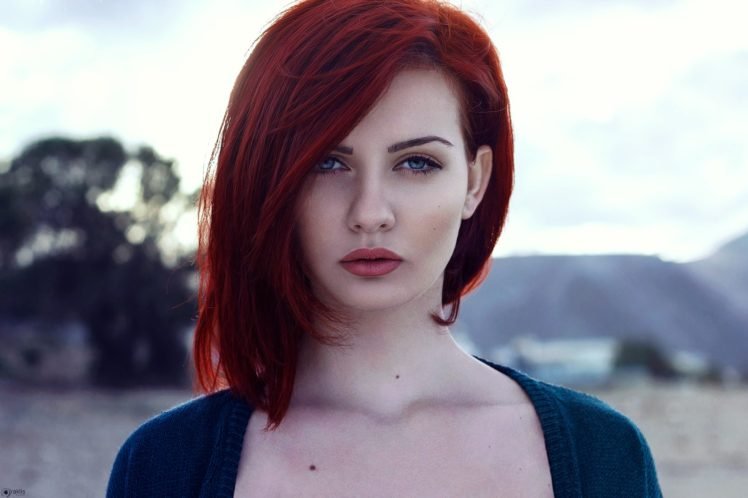 women, Model, Redhead, Looking at viewer, Red lipstick, Blue eyes, Katerina Roustemi HD Wallpaper Desktop Background