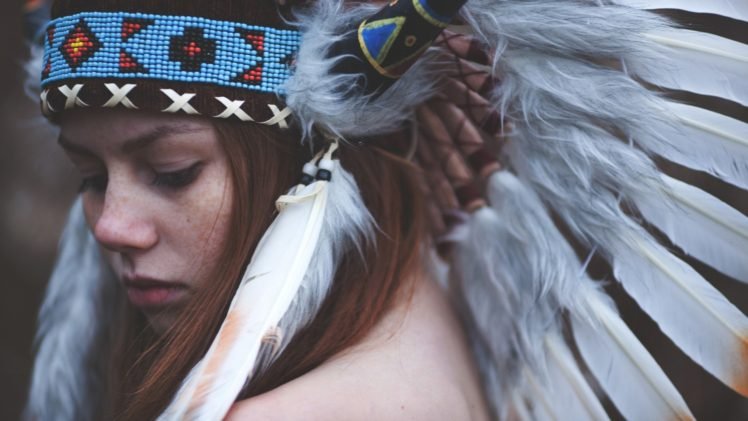 women, Model, Redhead, Long hair, Face, Feathers, Native Americans, Freckles, Headdress HD Wallpaper Desktop Background