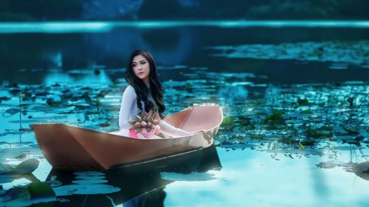 women, Model, Brunette, Long hair, Asian, Women outdoors, Boat, Water, Lake, Flowers, Water lilies, Blue HD Wallpaper Desktop Background