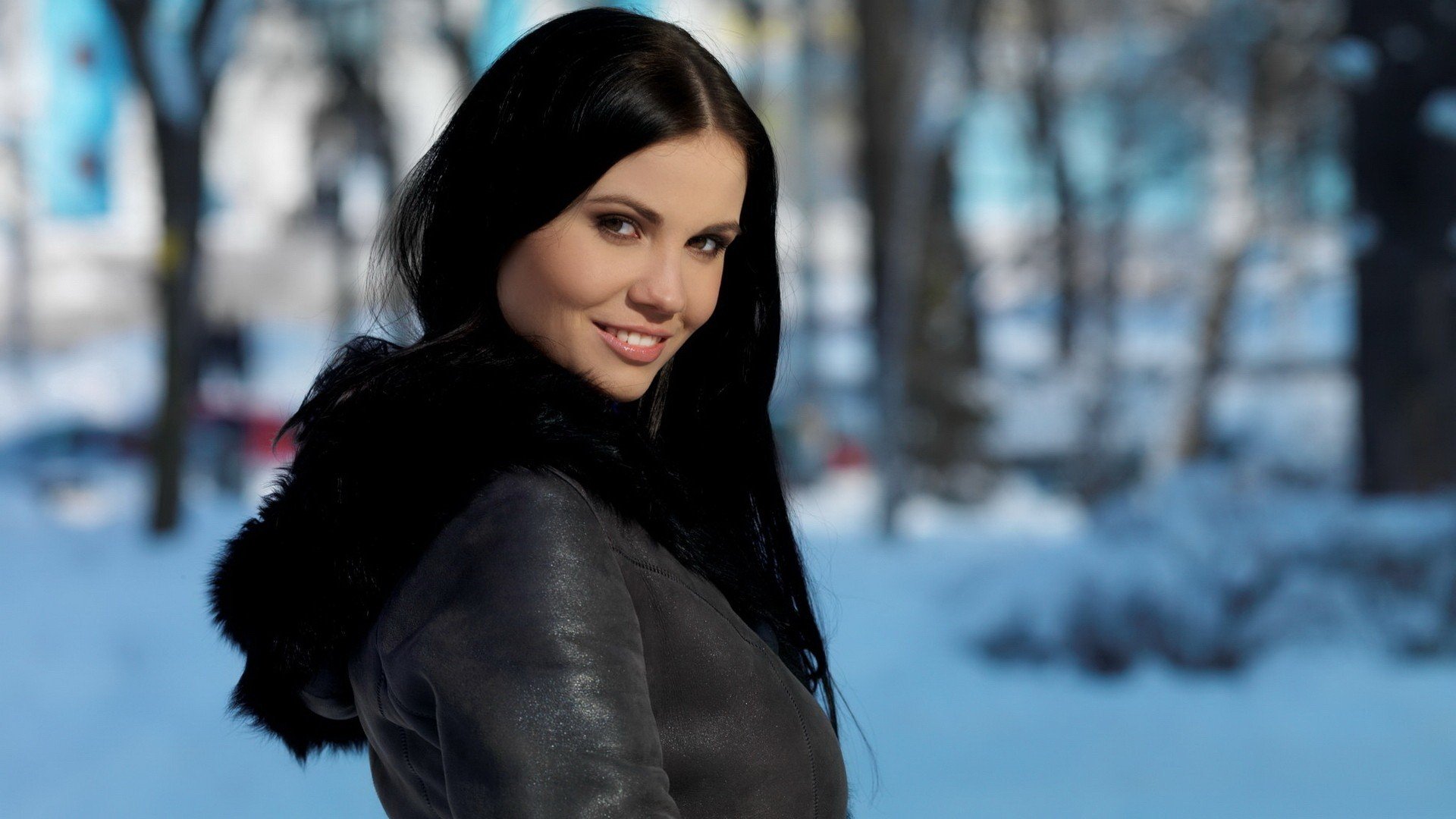 Women Model Brunette Long Hair Women Outdoors Nature Dark Hair Brown Eyes Smiling Looking At Viewer Coats Winter Snow Trees Hd Wallpapers Desktop And Mobile Images Photos
