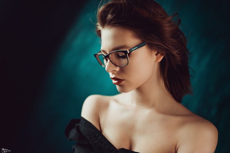 women, Model, Redhead, Glasses, Red lipstick, Georgiy Chernyadyev, Bare shoulders HD Wallpaper Desktop Background