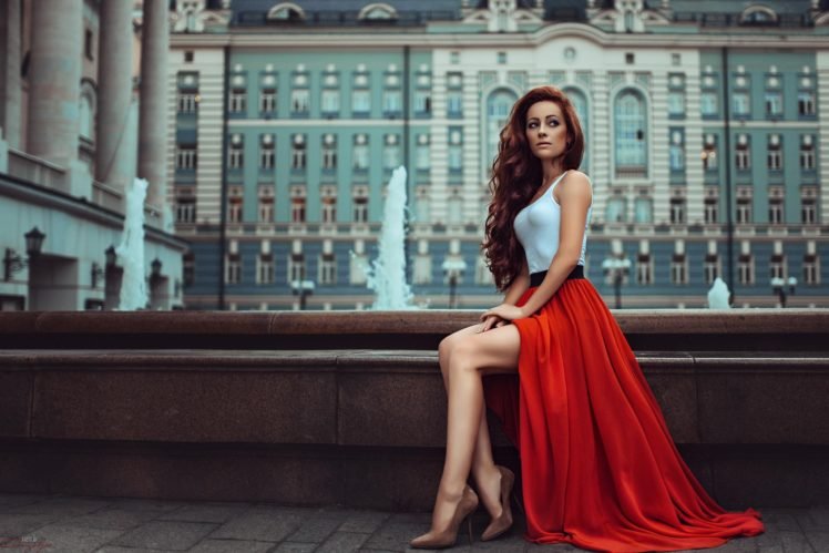 women, Model, Redhead, High heels, Red dress, White tops, Curly hair, Long hair, Georgiy Chernyadyev HD Wallpaper Desktop Background
