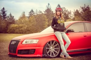 Audi A6, Women with cars, Red cars, Baseball caps, Looking away