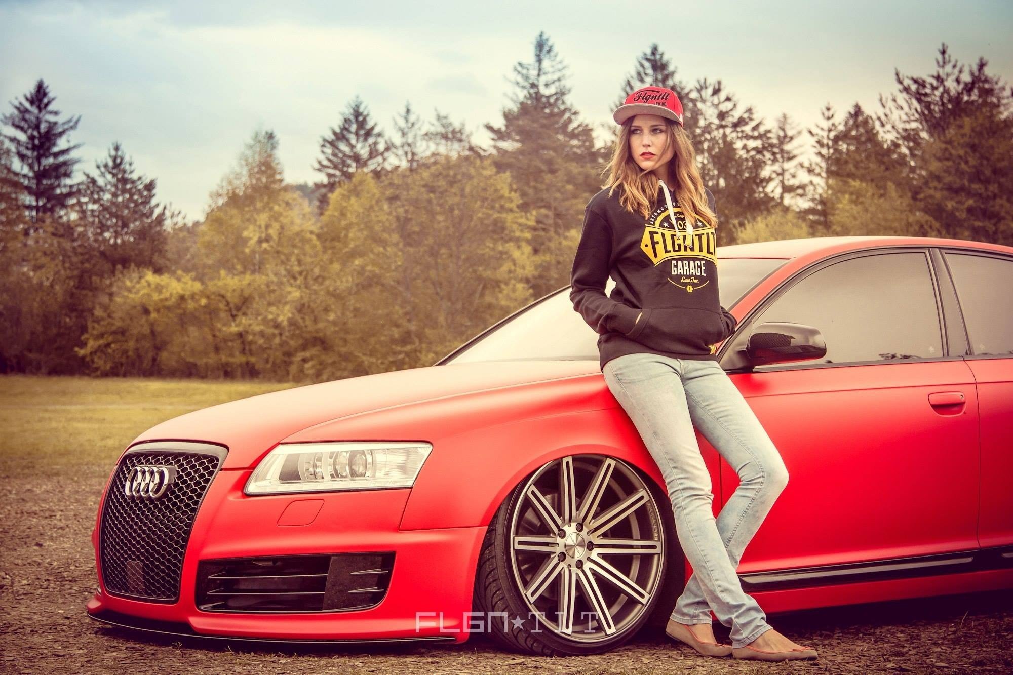 Audi A6, Women with cars, Red cars, Baseball caps, Looking away Wallpaper