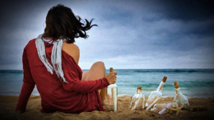 back, Women, Beach, Bottles, Sand, Vignette HD Wallpaper Desktop Background