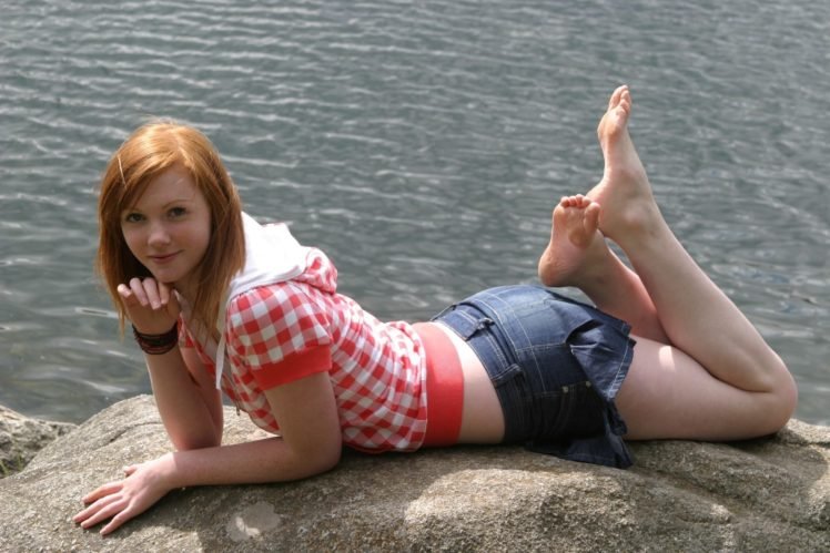 redhead, Denim skirt, Feet, Barefoot, Pale HD Wallpaper Desktop Background