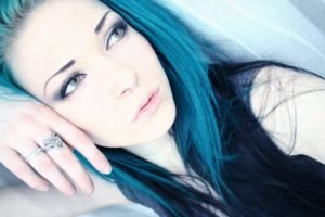 blue hair, Women, Rings, Face, Brunette, Green eyes, Piercing