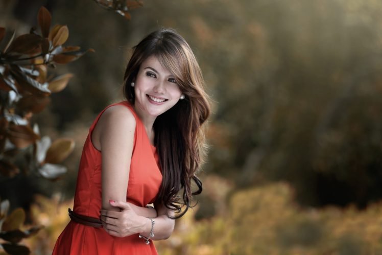 women, Model, Brunette, Red dress, Depth of field, Smiling HD Wallpaper Desktop Background