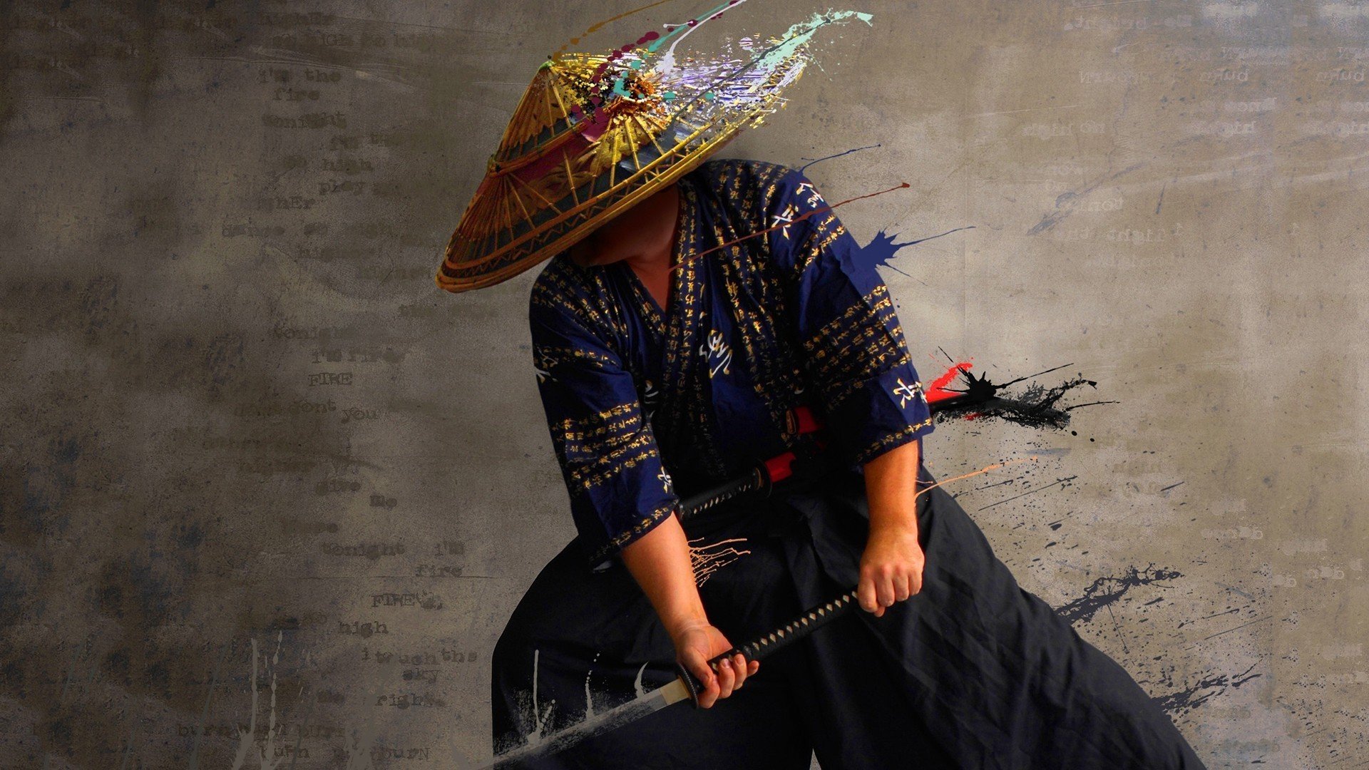 Japanese, Samurai, Katana, Artwork, Photo manipulation, Men, Japanese clothes, Paint splatter Wallpaper