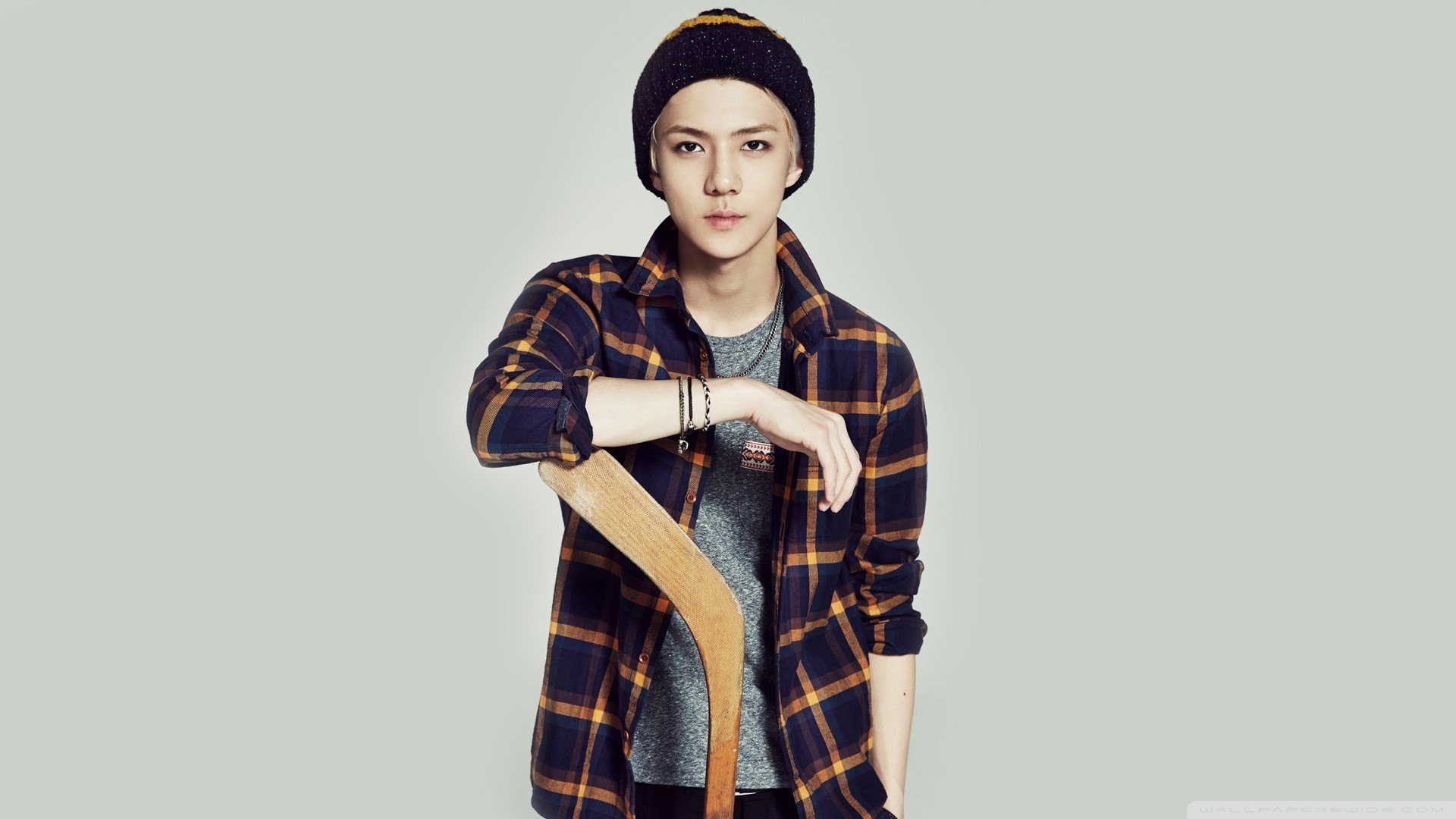 K pop, Sehun, Exo, Plaid, Simple background, Woolly hat, Men, Korean, Hockey Wallpaper
