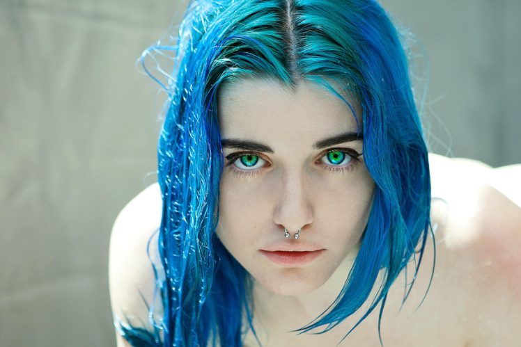Yuxi Suicide, Eyes, Piercing, Nose rings, Blue hair HD Wallpaper Desktop Background