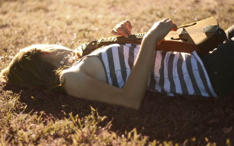 women, Lying down, Musical instrument, Striped clothing, Sunlight HD Wallpaper Desktop Background