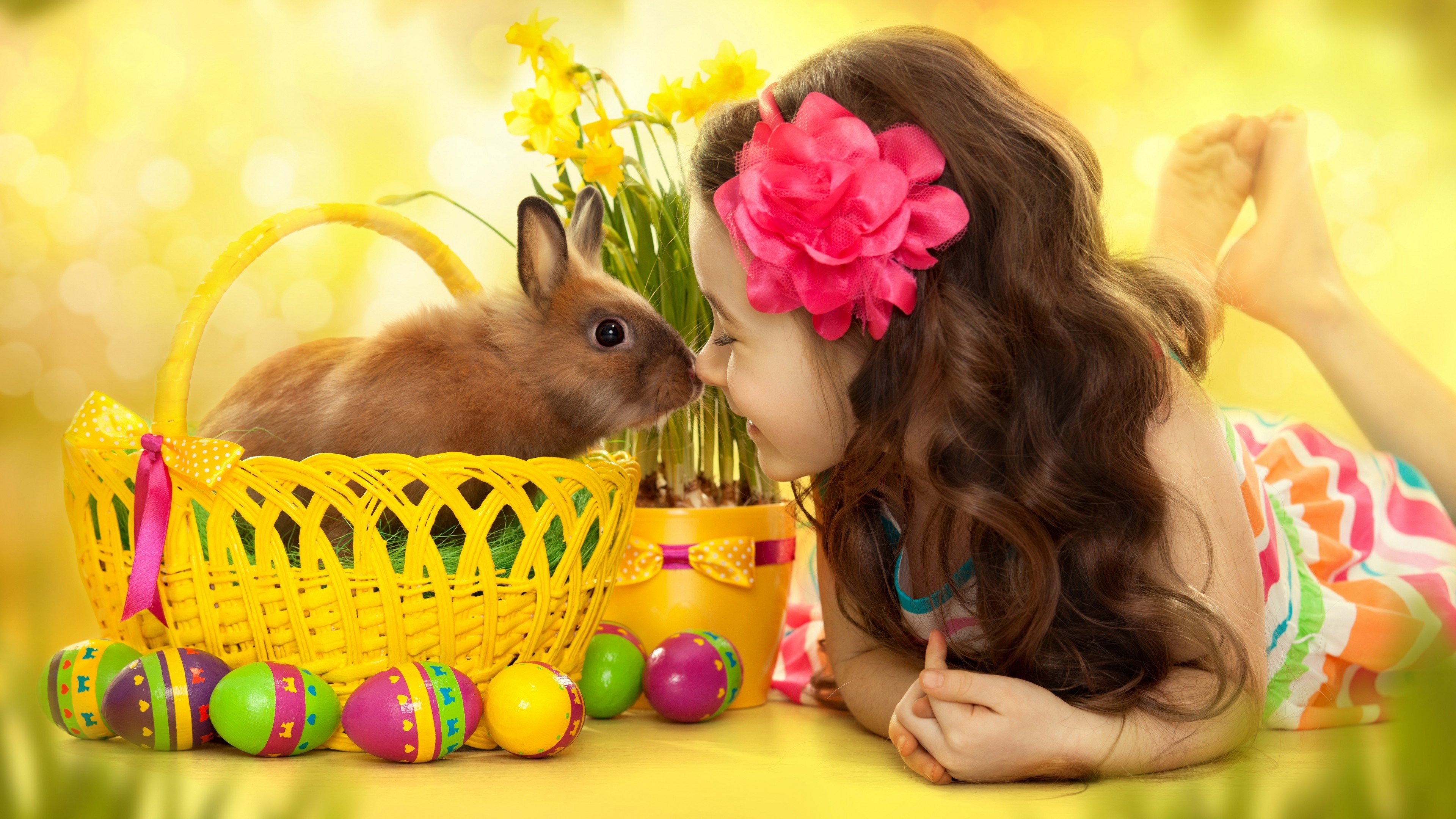children, Baskets, Eggs, Flower in hair, Barefoot, Rabbits, Daffodils, Easter Wallpaper