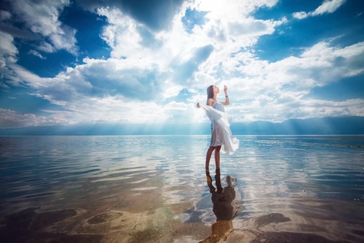 sky, Women, Reflection, Water HD Wallpaper Desktop Background