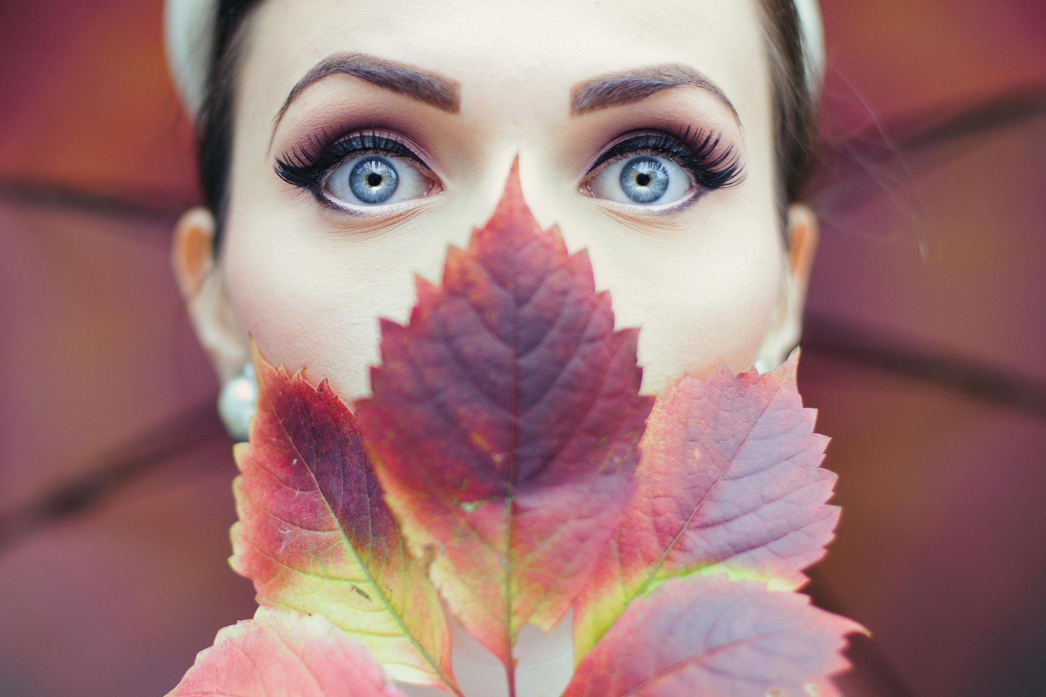 women, Face, Blue eyes, Leaves Wallpaper