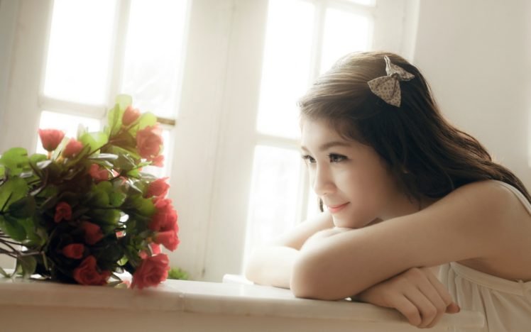 women, Model, Brunette, Asian, Long hair, Tank top, Flowers, Rose, Table, Face, Window HD Wallpaper Desktop Background