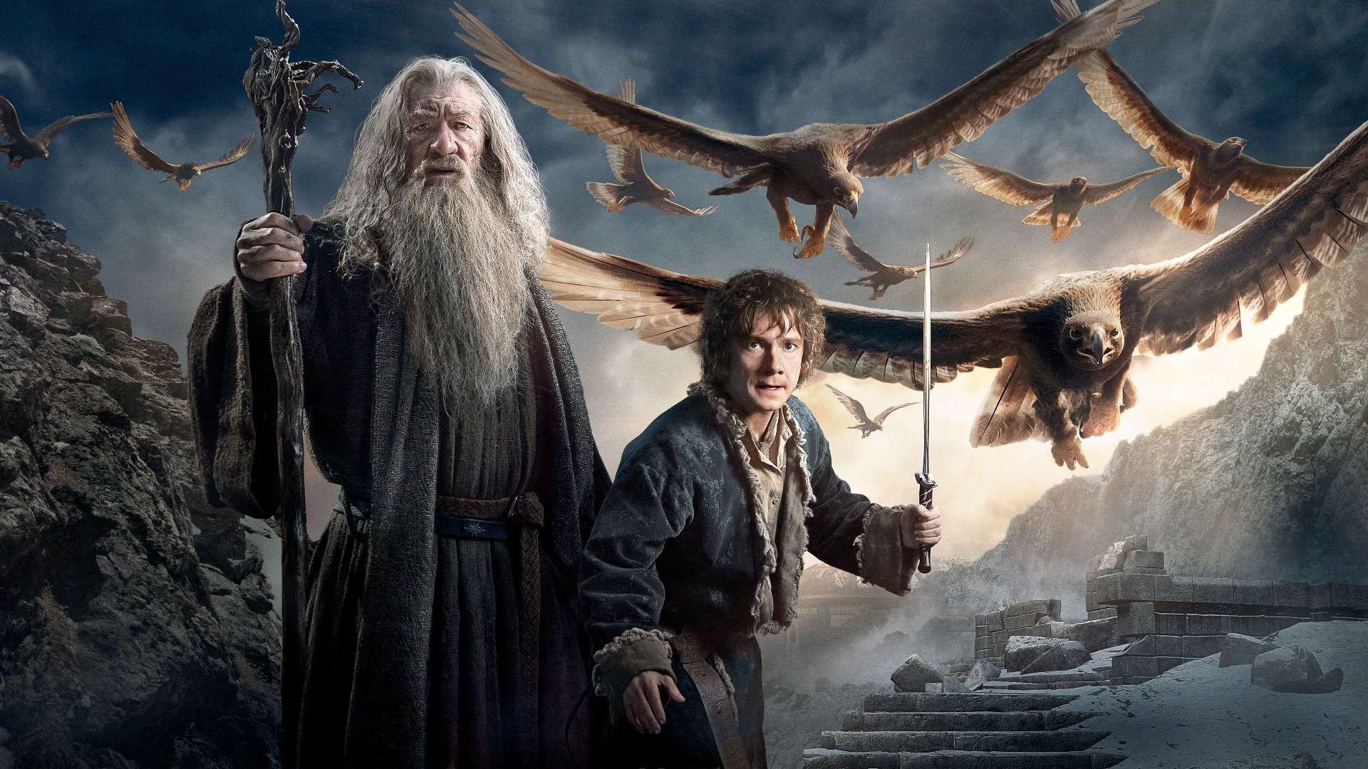 movies, The Hobbit: The Battle of the Five Armies, The Hobbit, Gandalf, Bilbo Baggins, Ian McKellen, Eagle, Wizard, Martin Freeman Wallpaper