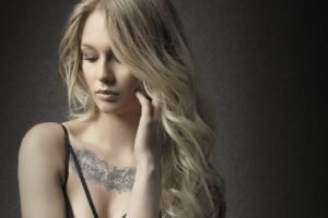blonde, Women, Model, Face, Chest tattoos