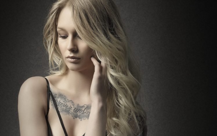 blonde, Women, Model, Face, Chest tattoos HD Wallpaper Desktop Background