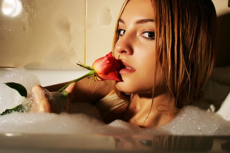 women, Brunette, Flowers, Brown eyes, Bathing, Bubble baths, Kira W HD Wallpaper Desktop Background