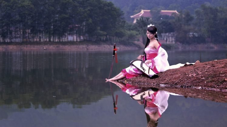 women, Model, Dark hair, Long hair, Women outdoors, Asian, Sitting, Nature, Water, Lake, Playing, Music, Katana, Barefoot, Closed eyes, Trees, Reflection, Japanese clothes, Japanese women HD Wallpaper Desktop Background