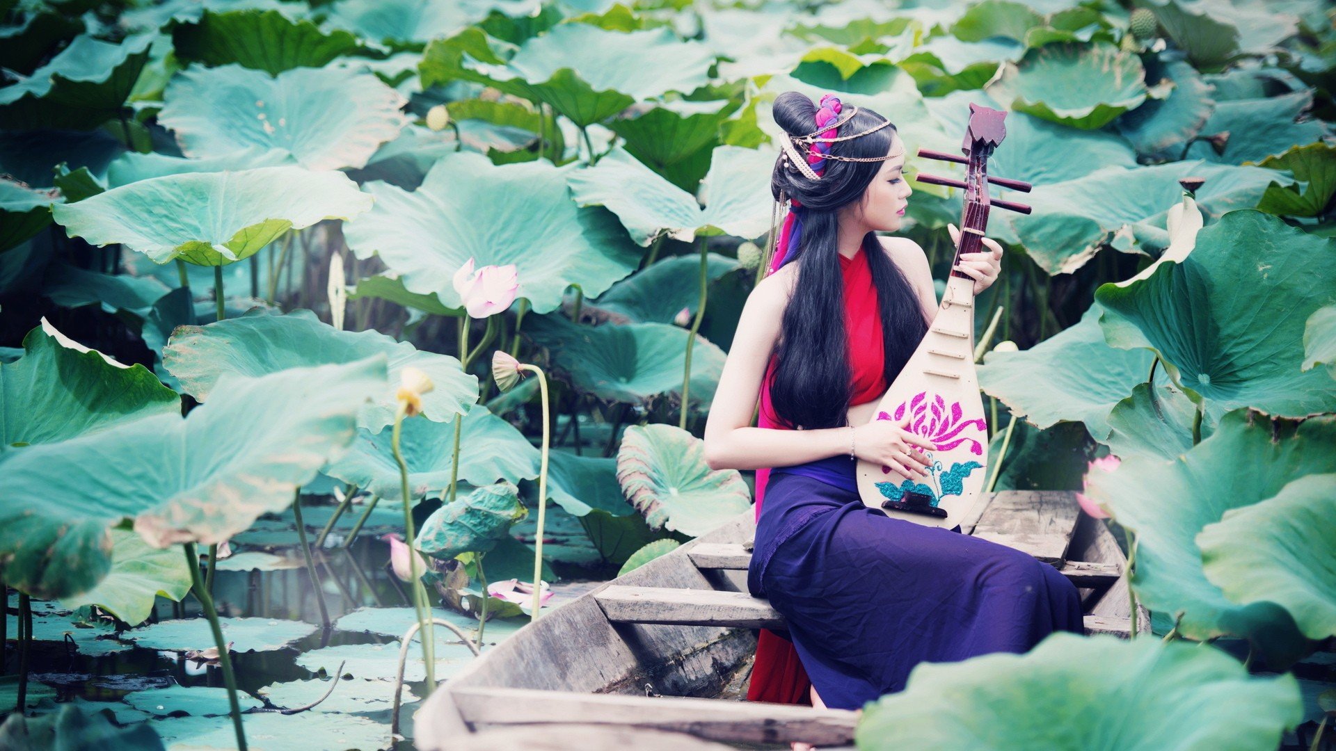 women, Model, Dark hair, Long hair, Women outdoors, Asian, Sitting, Nature, Water, Lake, Leaves, Flowers, Water lilies, Boat, Playing, Music Wallpaper