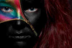 face, Model, Long hair, Portrait, Artwork, Body paint, Colorful, Black, Zippers, Blue eyes, Looking at viewer, Women