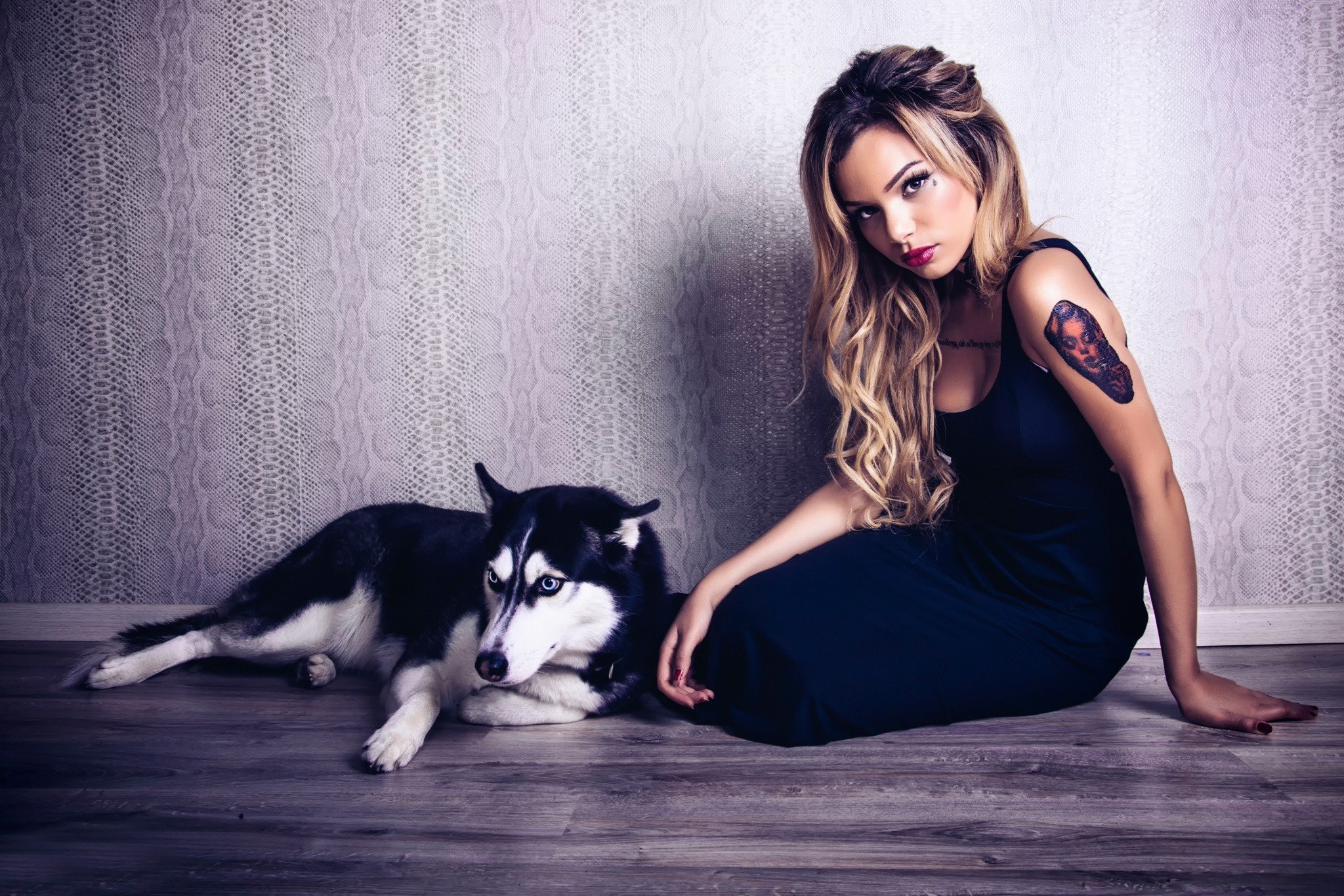 women, Model, Blonde, Long hair, Tattoo, Animals, Dog, Sitting, On the floor, Black dress, Siberian Husky Wallpaper