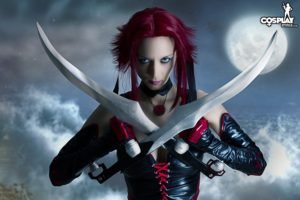cosplay, Women, Redhead, Sword, Leather clothing, Leather vest, Leather pants, Moon, BloodRayne