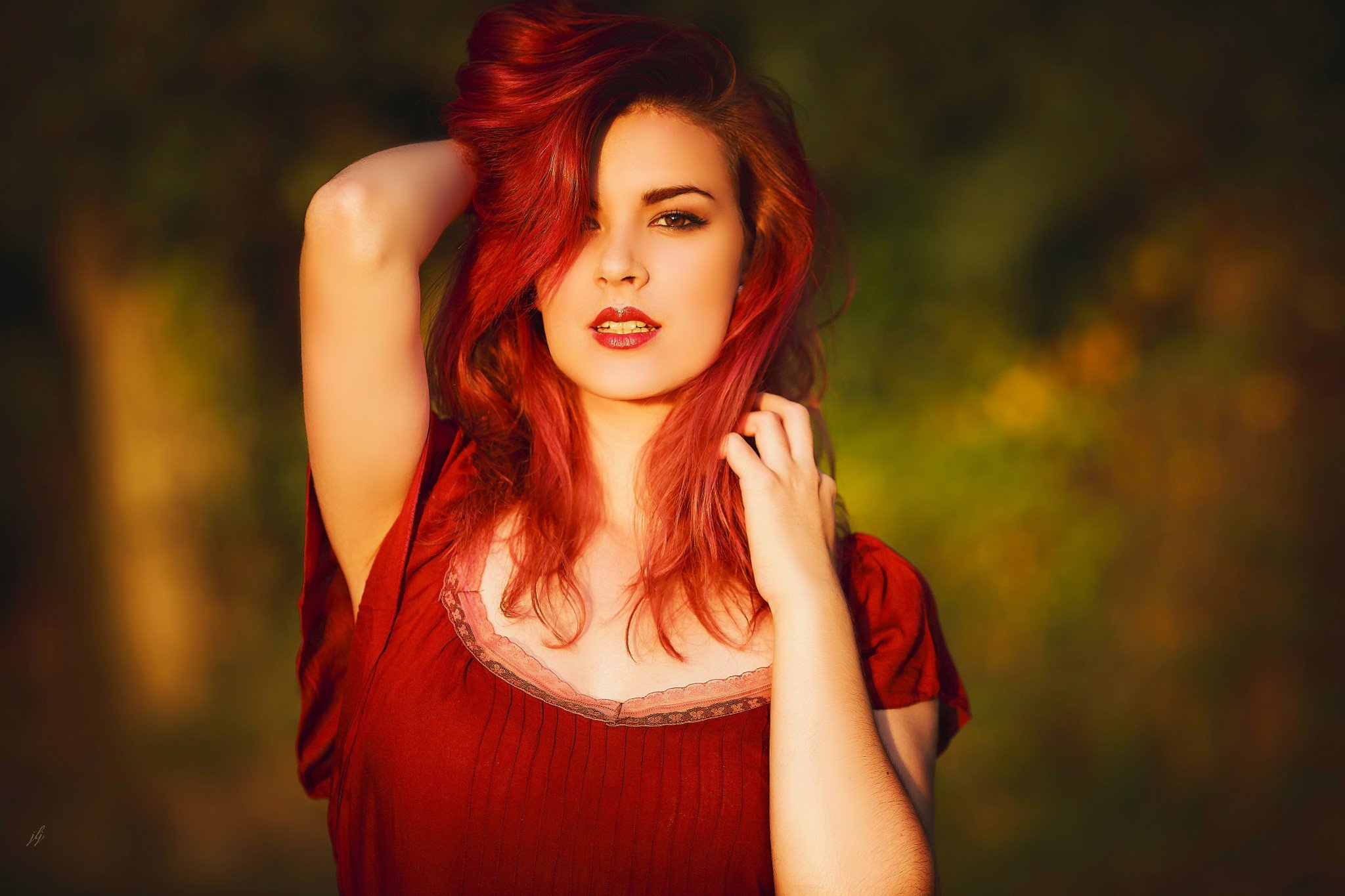 women, Model, Redhead, Red dress, Red lipstick, Brown eyes, Depth of field Wallpaper