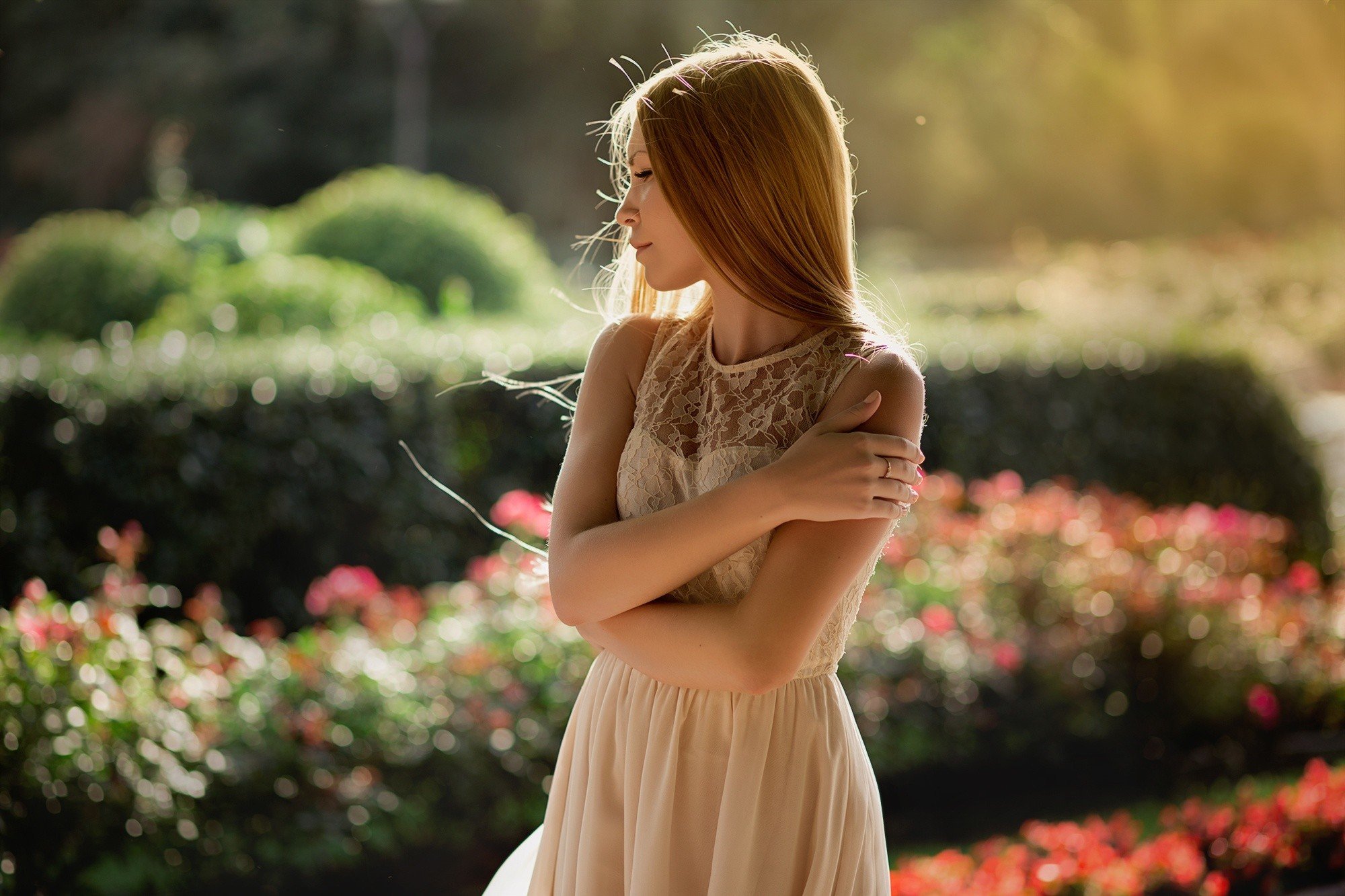 women Model  Blonde White dress Sun rays Women outdoors  Garden  HD Wallpapers Desktop and 