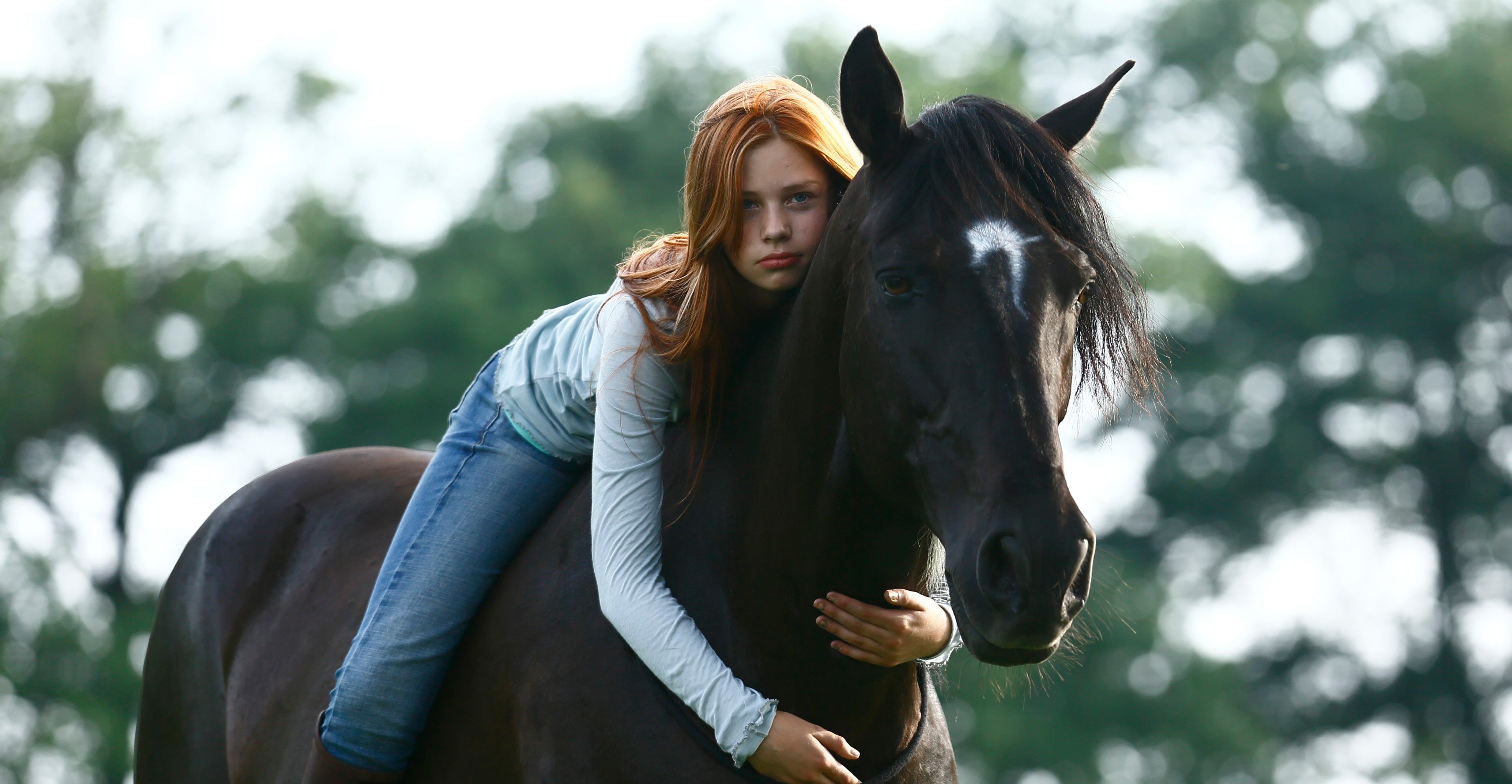women, Model, Long hair, Redhead, Women outdoors, Nature, Animals, Horse, Horse riding, Trees, Blue eyes, Jeans, Looking at viewer, Hugging Wallpaper
