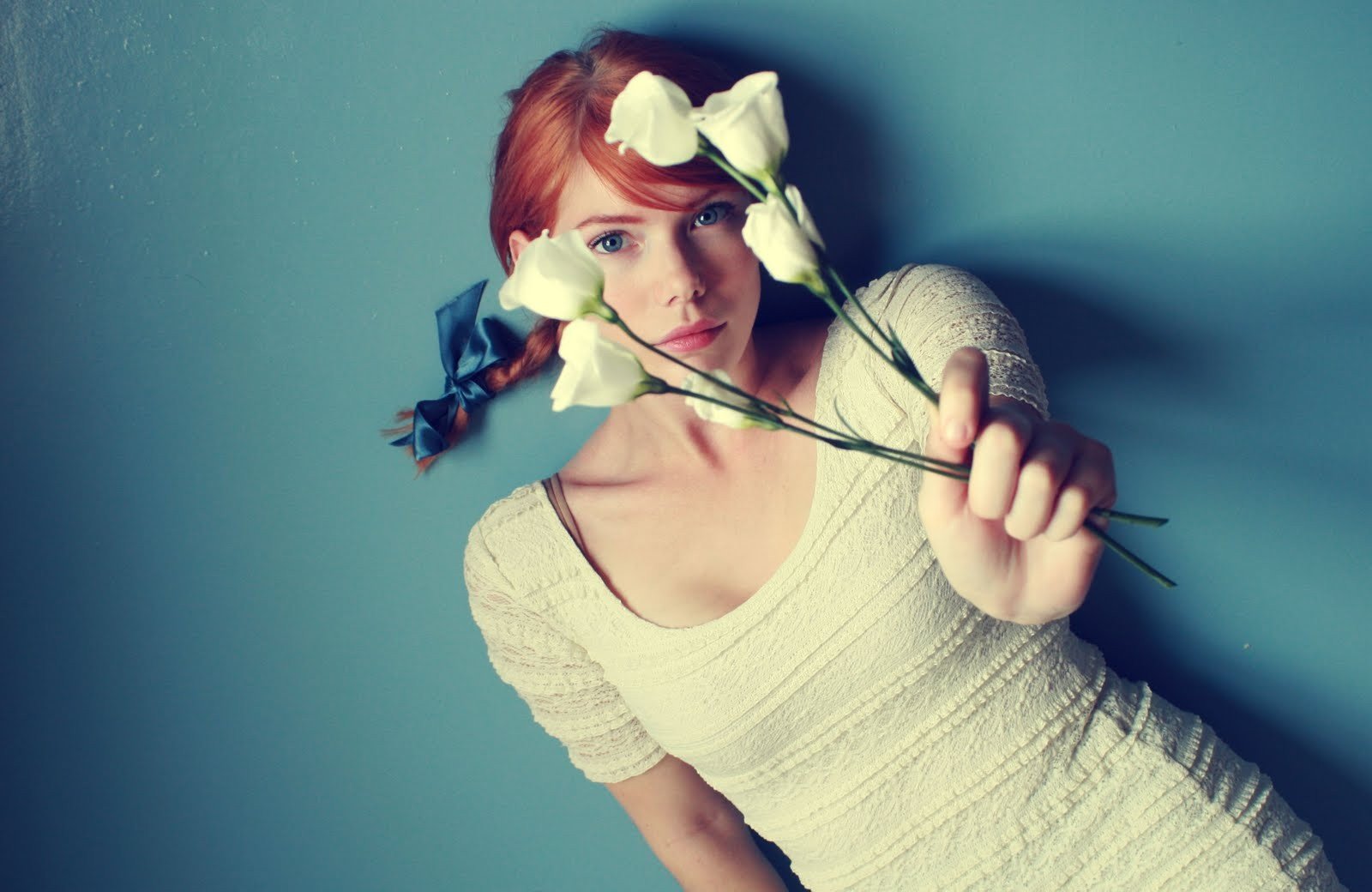 women, Redhead, Flowers, Braids, Dress, White dress, Blue eyes Wallpaper