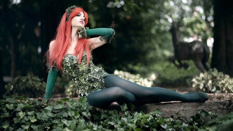women, Model, Redhead, Long hair, Women outdoors, Nature, Trees, Leaves, Sitting, Cosplay, Stockings, Poison Ivy HD Wallpaper Desktop Background
