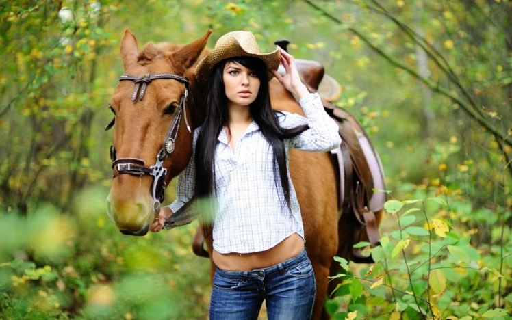 women, Brunette, Horse, Animals, Women outdoors, Nature, Jeans, Shirt, Long hair HD Wallpaper Desktop Background