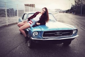 women, Ford, Car, Ford Mustang, Jean shorts, Shorts, Sweater, Open sweater, Tank top, Legs, Redhead, Smoky eyes, Painted nails, American flag, Road, Women with cars
