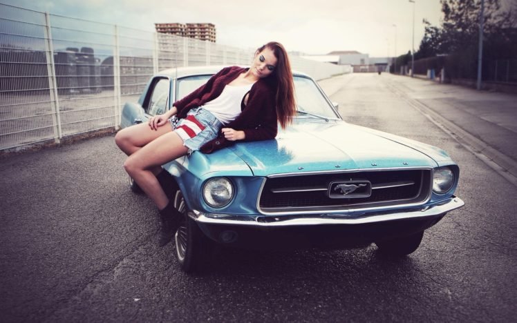 women, Ford, Car, Ford Mustang, Jean shorts, Shorts, Sweater, Open sweater, Tank top, Legs, Redhead, Smoky eyes, Painted nails, American flag, Road, Women with cars HD Wallpaper Desktop Background