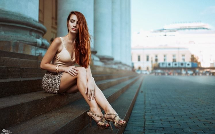 women, Redhead, Long hair, Legs, Skirt, High heels, Stairs, Sitting, Women outdoors, Miniskirt, Georgiy Chernyadyev HD Wallpaper Desktop Background