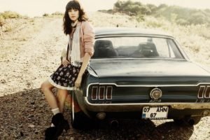 women, Car, Ford, Ford Mustang, Brunette, Scarf, Women outdoors, Muscle cars, Turkey, Women with cars, Bangs, Skirt, Legs, Path, Antalya