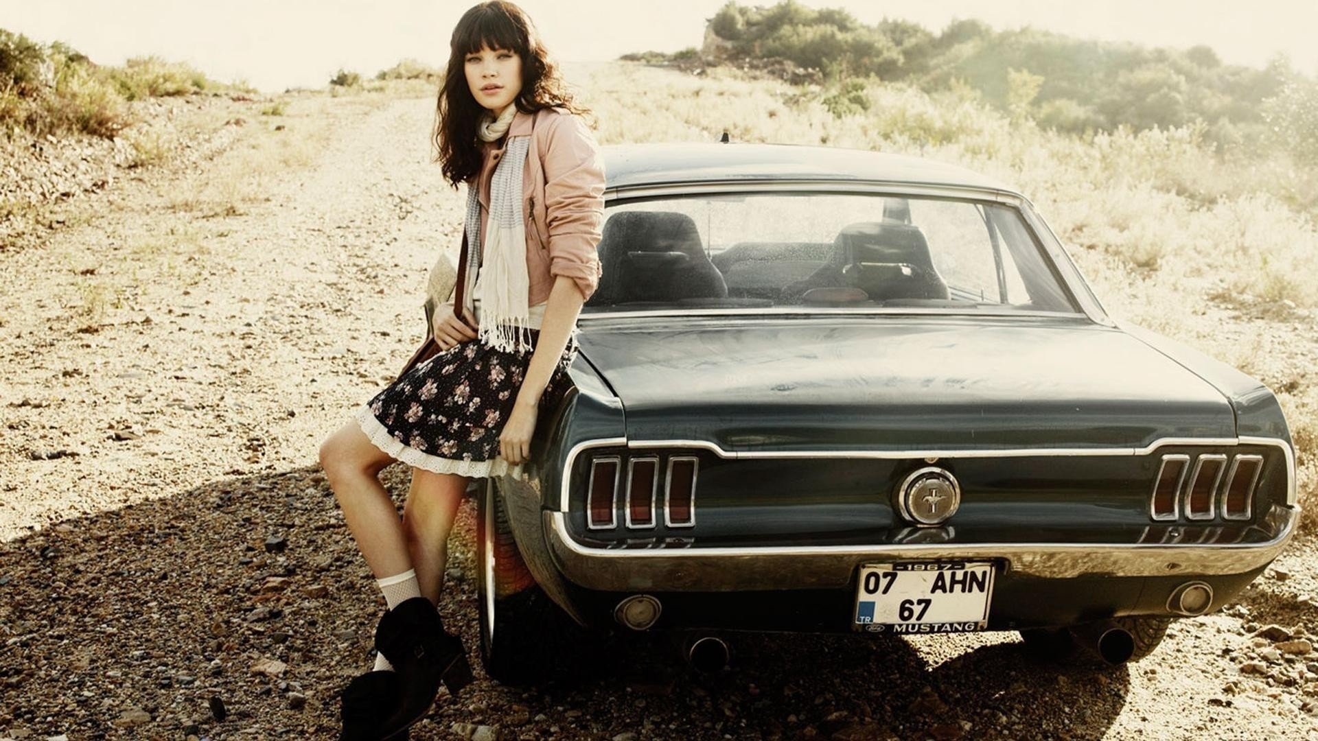 women, Car, Ford, Ford Mustang, Brunette, Scarf, Women outdoors, Muscle cars, Turkey, Women with cars, Bangs, Skirt, Legs, Path, Antalya Wallpaper