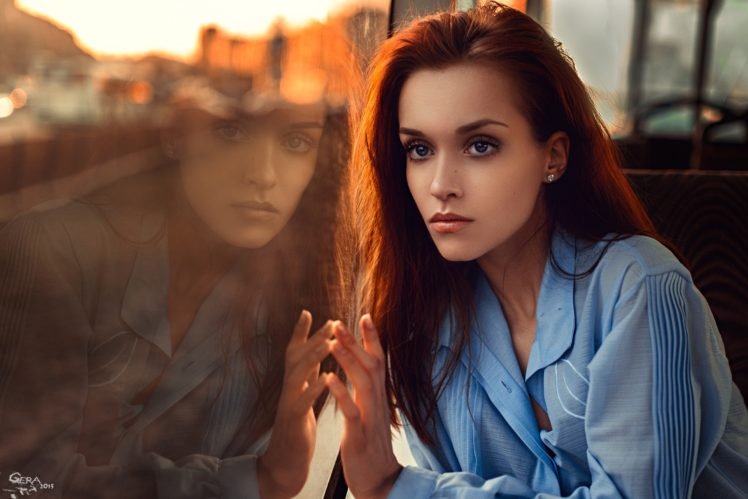 women, Face, Redhead, Blue eyes, Window, Shirt, Looking away, Georgiy Chernyadyev HD Wallpaper Desktop Background