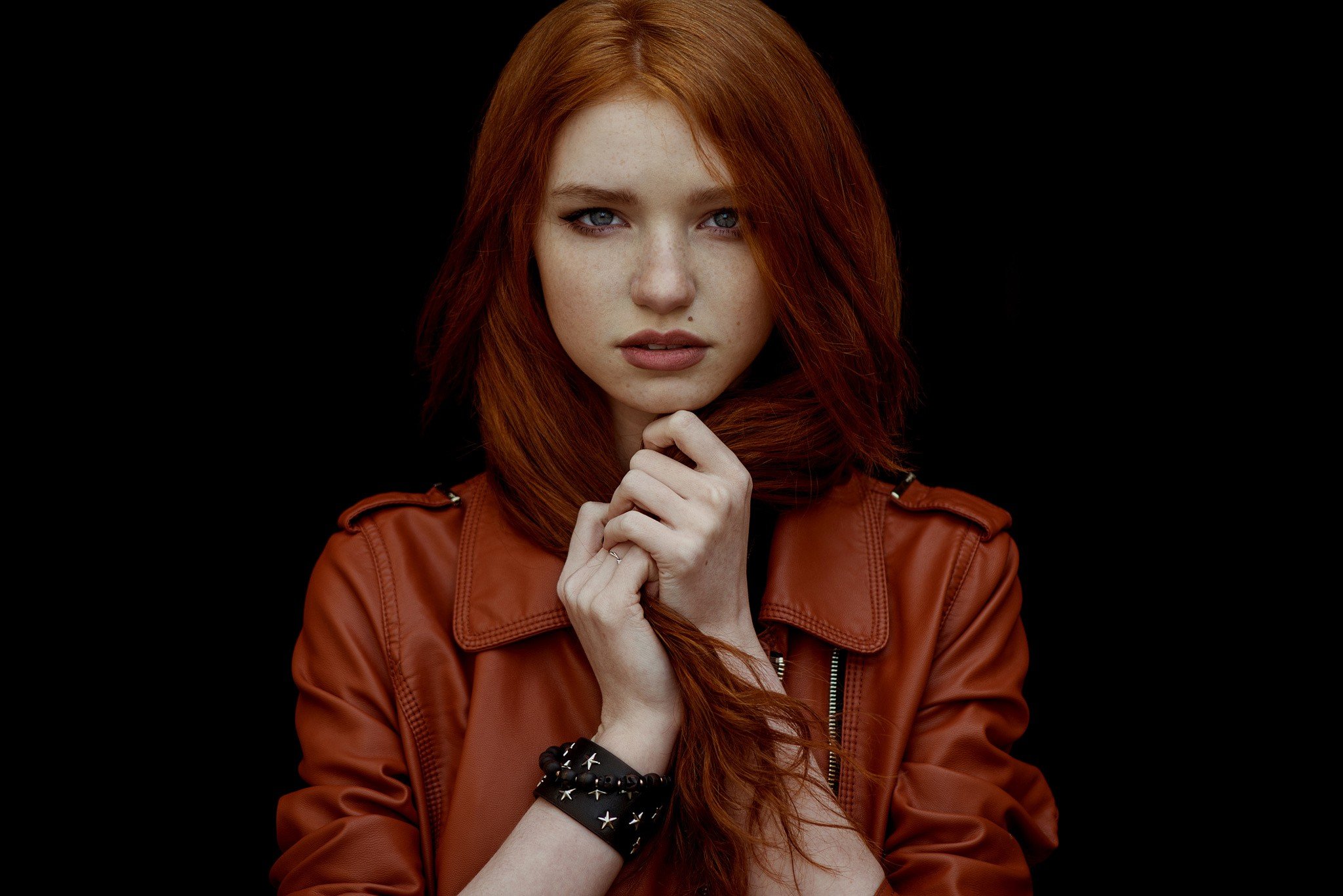 women, Redhead, Face, Blue eyes, Jacket, Leather jackets Wallpaper