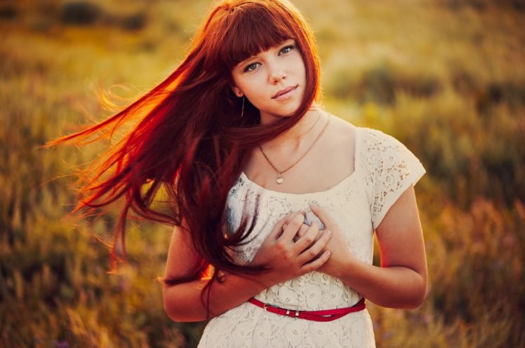 women, Dress, White dress, Long hair, Redhead, Bangs, Women outdoors HD Wallpaper Desktop Background